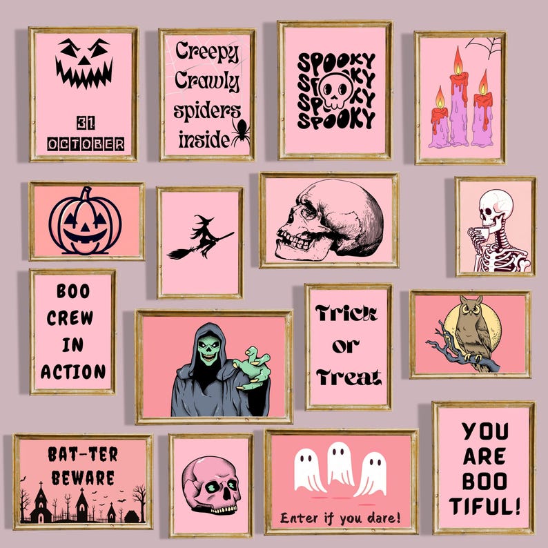 Pink Halloween wall art collection, perfect for modern spooky decor.