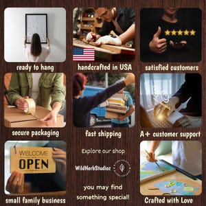 K&ouml;nnte beinhalten: Eine Collage aus Bildern, die den Prozess der Herstellung und des Verkaufs von handgefertigten Artikeln zeigt. Die Bilder zeigen ein gerahmtes Bild, eine Person, die an Holz arbeitet, eine Kundenbewertung mit f&uuml;nf Sternen, ein Paket, das zugeklebt wird, eine Person, die ein Paket versendet, ein Kundendienst-Symbol, ein Schild mit der Aufschrift "Willkommen Offen", ein Shop-Logo und eine bemalte Leinwand.
