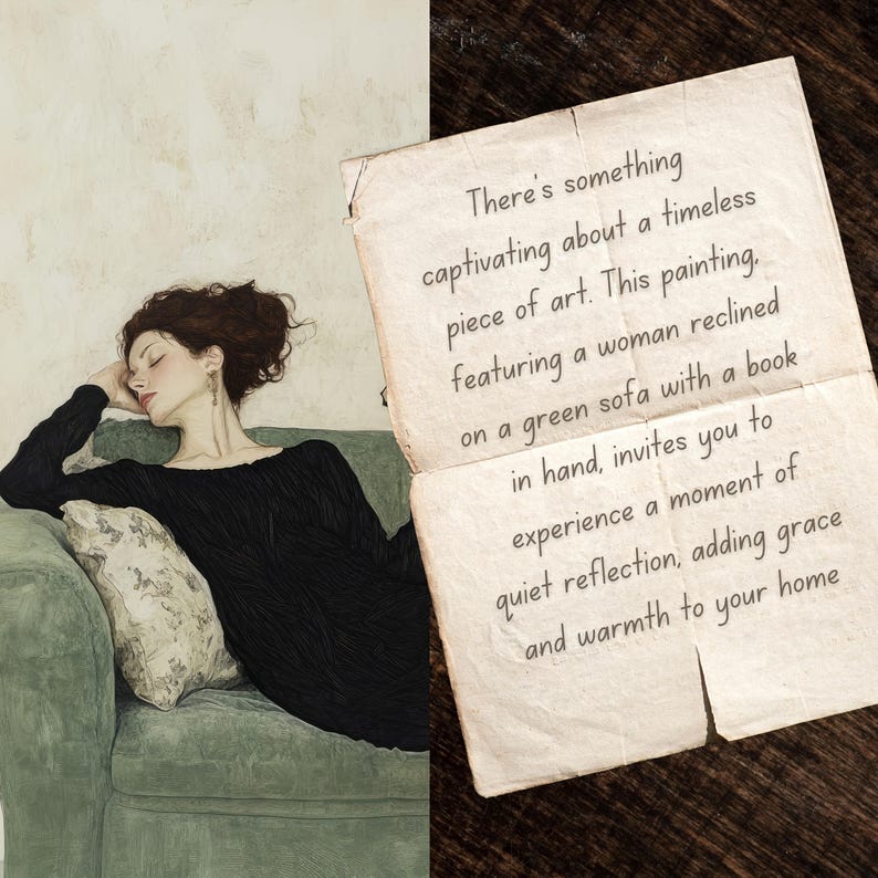 K&ouml;nnte beinhalten: Ein Gem&auml;lde, das eine Frau zeigt, die auf einem gr&uuml;nen Sofa mit einem Buch in der Hand liegt. Das Gem&auml;lde ist gerahmt und hat einen Vintage-Look. Der Text im Bild lautet: "There's something captivating about a timeless piece of art. This painting, featuring a woman reclined on a green sofa with a book in her hand, invites you to experience a moment of quiet reflection, adding grace and warmth to your home."
