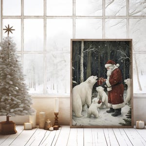 May include: A framed illustration of Santa Claus giving a gift to a group of polar bears in a snowy forest setting.