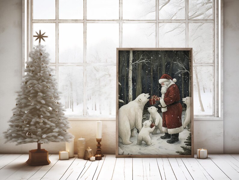 May include: A framed illustration of Santa Claus giving a gift to a group of polar bears in a snowy forest setting.