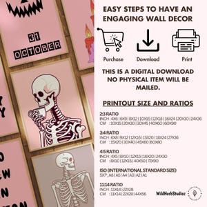 Puede incluir: Un arte de pared imprimible descargable digitalmente que presenta un esqueleto bebiendo caf&eacute;. El imprimible est&aacute; disponible en varios tama&ntilde;os y proporciones, incluyendo 2:3, 3:4, 4:5 y tama&ntilde;os est&aacute;ndar ISO. El texto "31 de octubre" es visible en la esquina superior izquierda de la imagen.