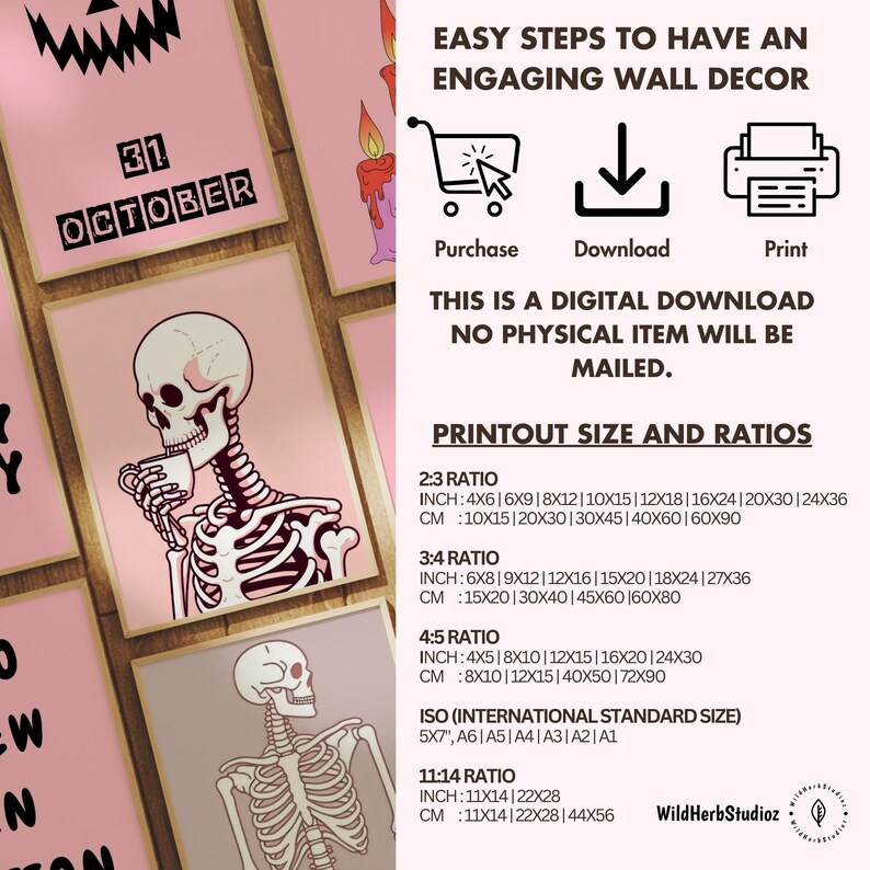 Puede incluir: Un arte de pared imprimible descargable digitalmente que presenta un esqueleto bebiendo caf&eacute;. El imprimible est&aacute; disponible en varios tama&ntilde;os y proporciones, incluyendo 2:3, 3:4, 4:5 y tama&ntilde;os est&aacute;ndar ISO. El texto "31 de octubre" es visible en la esquina superior izquierda de la imagen.