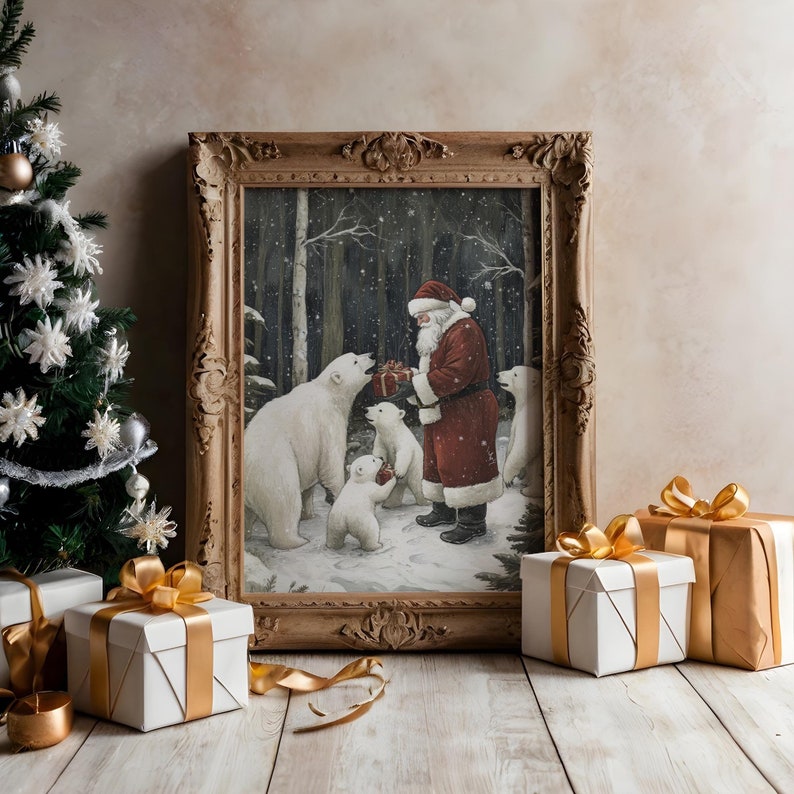 Santa and polar bears winter wonderland, festive holiday painting