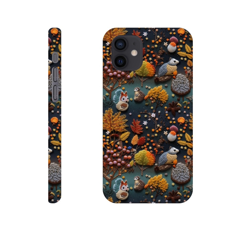 Woodland Animals Phone Case | Embroidered Squirrel, Owl & Hedgehog iPhone 12 Mini