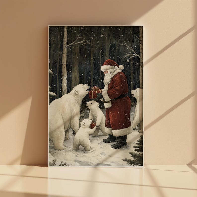 May include: Santa Claus in a red suit with a white beard and hat is giving a wrapped gift to a polar bear in a snowy forest. Three polar bears are looking at Santa Claus.
