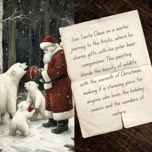 May include: Santa Claus in a red suit delivers gifts to three polar bears in a snowy forest. The image is a painting that blends the beauty of wildlife with the warmth of Christmas.