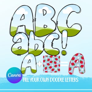Könnte beinhalten: Eine farbenfrohe Illustration von Buchstaben in Blasenform, ABC und abc, mit einer Landschaft im Inneren. Ein Erdbeermuster wird mit dem Buchstaben A kombiniert. Der Text "FILL YOUR OWN DOODLE LETTERS" ist ebenfalls vorhanden.