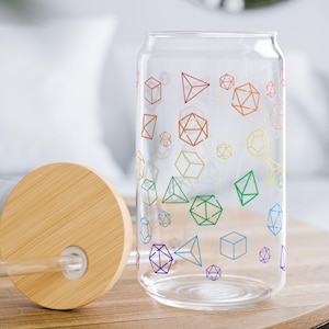 D&D Dice Pattern Sipper Glass | Geometric RPG Tumbler w Lid and Straw | 16oz Nerdy Gamer Drinkware | Tabletop Game Gift | D20 DM Gift