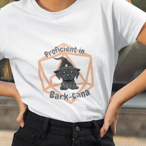 Wizard Puppy Orange d20 Unisex Softstyle T-Shirt | DnD Dog | Proficient in Bark-cana | Dungeons and Dragons Nerdy Gift | 10+ Colors