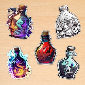 May include: A collection of five fantasy-themed stickers depicting potion bottles. The bottles contain colourful liquids and magical elements, such as a dragon, flames, and a skull. Each sticker has a unique shape and design, perfect for fantasy enthusiasts.