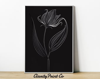 Minimalista tulipán flor pintura impresión BOHO arte imprimible / arte floral negro imprimible / arte de pared relajante / #18 /