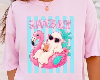 Sommartröja: Sommar-Halloween-tröja, Ghost Cocktail-grafik-tröja, Läskig sommartröja, Söt Halloween-tröja, Tropiska Goth-komfortfärger