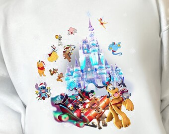 Disney Christmas Hoodie, Mickey Friends Holiday Sweatshirt, Disneyland Castle Sleigh Hoodie, Pluto Stitch Pooh Tinker Bell Christmas