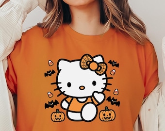 Shirt Halloween Kitty, Shirt Pumpkin Kitty, Spooky Season Hello Cat T-shirt, Scary Kawaii Tee, Kitty Fall Shirt, Hello Cat Witch T-shirt, Ghost Cat