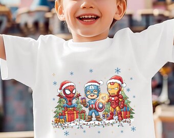 Marvel Christmas Kids Shirt, Spider-Man Captain America Iron Man Tee, Disney World Holiday T-Shirt, Superhero Christmas Gift