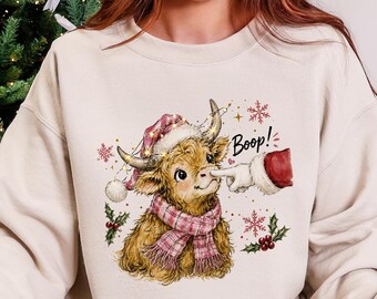 Highland Cow Christmas Sweatshirt, Santa Boop Cow Crewneck, Cute Christmas Calf Sweater, Cozy Highland Cow Winter Holiday Gift For Women