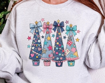 Christmas Tree Bow Sweatshirt, Preppy Holiday Crewneck, Whimsical Christmas Trees Sweater, Festive Star Bow Winter Sweatshirt