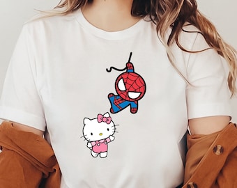 Felpa con cappuccio e cappuccio con Spiderman e Kitty, maglietta di coppia con Kitty Spiderman, coppia coordinata ispirata al Y2K, maglietta Hello Cat, maglietta Kawaii