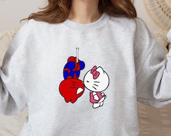 Felpa con cappuccio e cappuccio con Spiderman e Kitty, maglietta di coppia con Kitty Spiderman, coppia coordinata ispirata al Y2K, maglietta Hello Cat, maglietta Kawaii