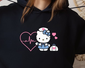 Kitty Shirt Sweatshirt & Hoodie, Nurse Kitty Shirt, Hello Cat Shirt, Kawaii Shirt, Kitty Group Shirt, Hello Cat Nurse Shirt, Doctor Kitty