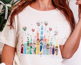 Disney Princess Christmas Shirt, Cinderella Elsa Tiana Belle Ariel Rapunzel Tee, Holiday Castle T-Shirt, Disney World Christmas Vacation Tee