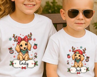 Personalized Christmas Kids Shirt, Reindeer Puppy Tee, Custom Name Holiday T-Shirt, Matching Sibling Christmas Shirt, Dog Lover Gift