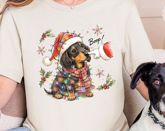 Dachshund Christmas Shirt, Santa Boop Wiener Dog Tee, Christmas Lights Sausage Dog T-Shirt, Funny Holiday Dog Lover Gift