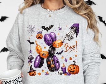 Halloween Balloon Dog Sweatshirt, Spooky Boop Crewneck, Skeleton Hand Pumpkin Sweater, Ghost Bat Halloween Sweatshirt, Fall Dog Lover Gift