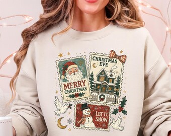 Vintage Christmas Stamp Sweatshirt, Santa Christmas Crewneck, Christmas Eve Postage Sweater, Let It Snow Holiday Sweatshirt, Retro Xmas Gift