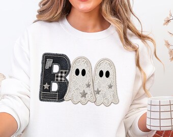 Boo Halloween Sweatshirt, Patchwork Ghost Crewneck, Lace Ghost Sweater, Preppy Halloween Sweatshirt, Cute Boo Fall Crewneck For Women