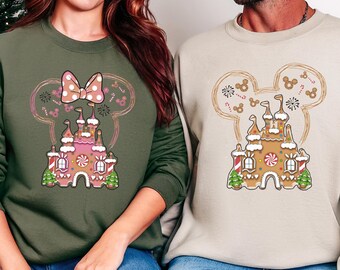 Mickey Minnie Christmas Sweatshirt, Disney Gingerbread Castle Crewneck, Matching Couple Holiday Sweater, Hand Drawn Minnie Bow Christmas