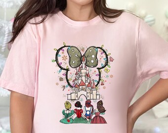 Disney Princess Christmas Shirt, Cinderella Snow White Ariel Belle Tee, Minnie Bow Castle T-Shirt, Disney World Holiday Shirt