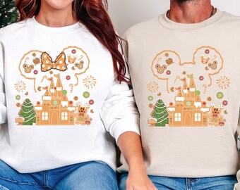 Mickey Minnie Christmas Sweatshirt, Disney Gingerbread Castle Crewneck, Matching Couple Holiday Sweater, Hand Drawn Christmas Cookie