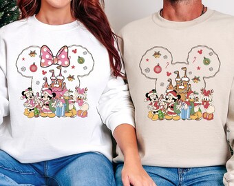 Disney Christmas Sweatshirt, Mickey Minnie Donald Daisy Crewneck, Gingerbread Castle Holiday Sweater, Matching Couple Hand Drawn Xmas