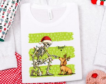 Christmas Skeleton Dog Shirt, Santa Boop Dachshund Tee, Reindeer Wiener Dog T-Shirt, Funny Holiday Skeleton Tee, Christmas Dog Lover Gift