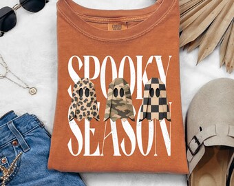 Spooky Season Shirt, Leopard Camo Checker Ghost Tee, Patchwork Halloween T-Shirt, Cute Fall Ghost Shirt, Halloween Season Tee