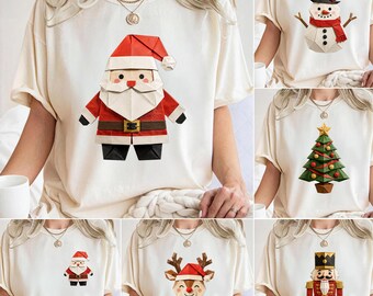 Origami Christmas Shirt, Santa Snowman Reindeer Nutcracker Tee, Christmas Tree Paper Fold T-Shirt, Cute Holiday Character Shirt