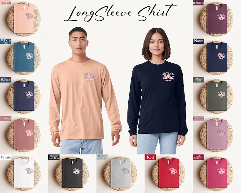 May include: A selection of long-sleeve shirts in various colors, including peach, teal, navy, maroon, white, dark gray, light gray, red, and raspberry. Each shirt features a small graphic on the chest. The image also shows a man and a woman wearing long-sleeve shirts.