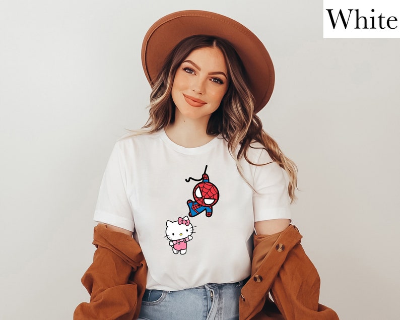 Spiderman and Kitty Shirt Sweatshirt & Hoodie, Kitty Spiderman Couple Shirt, Y2K Inspired Matching Couple, Hello Cat Shirt, Kawaii Shirt image 1