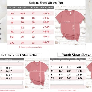 May include: A size chart for unisex, toddler, and youth short sleeve tees. The chart includes measurements in inches for chest, length, and fit sizes. The unisex chart includes sizes XS to 3XL. The toddler chart includes sizes 2T to 5T. The youth chart includes sizes S to XL.