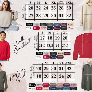 May include: The image showcases a variety of apparel, including sweatshirts and long-sleeve shirts, with size charts. The size charts display measurements in inches for body width and length, along with color options like black, red, and navy.