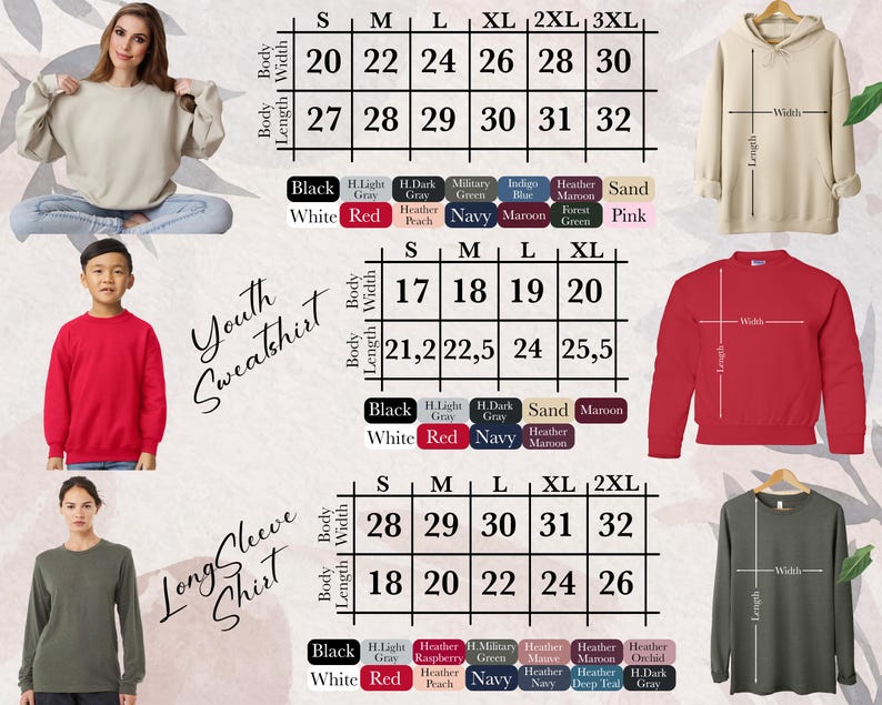 May include: The image showcases a variety of apparel, including sweatshirts and long-sleeve shirts, with size charts. The size charts display measurements in inches for body width and length, along with color options like black, red, and navy.