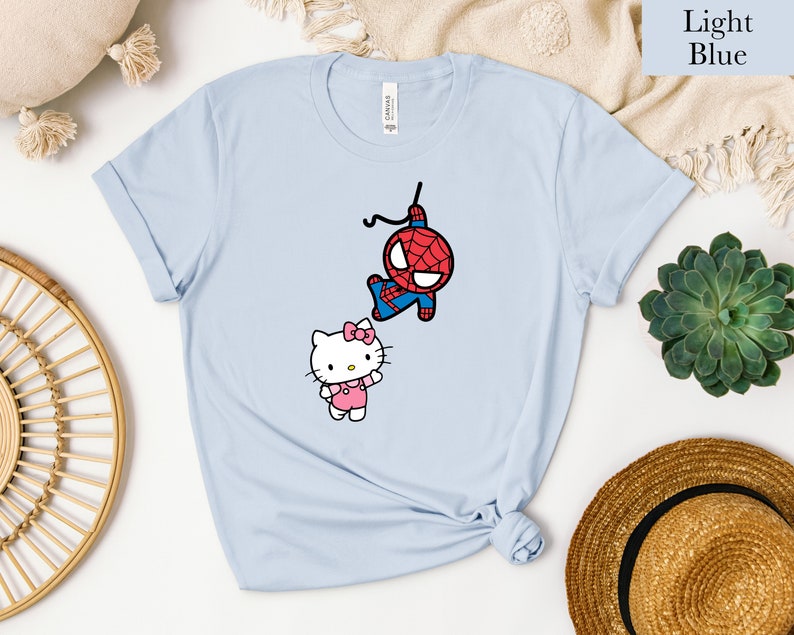 Spiderman and Kitty Shirt Sweatshirt & Hoodie, Kitty Spiderman Couple Shirt, Y2K Inspired Matching Couple, Hello Cat Shirt, Kawaii Shirt image 4