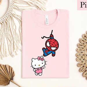 Spiderman and Kitty Shirt Sweatshirt & Hoodie, Kitty Spiderman Couple Shirt, Y2K Inspired Matching Couple, Hello Cat Shirt, Kawaii Shirt image 3