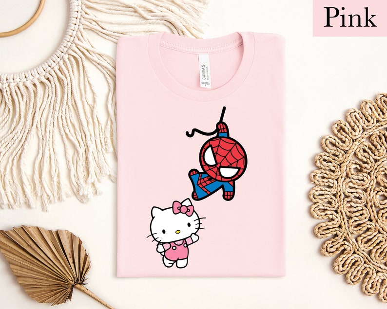 Spiderman and Kitty Shirt Sweatshirt & Hoodie, Kitty Spiderman Couple Shirt, Y2K Inspired Matching Couple, Hello Cat Shirt, Kawaii Shirt image 3