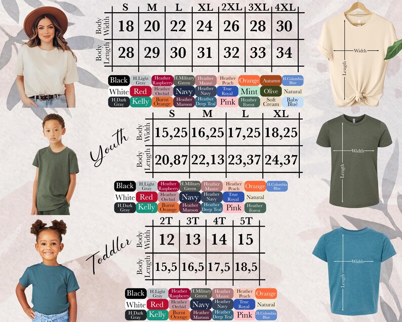 a group of children's clothing sizes and measurements
