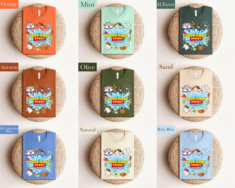 May include: A collection of t-shirts in various colors, including orange, mint, and blue. Each shirt features the text "PEDS CARE STORY" with medical-themed illustrations. The shirts are displayed on woven placemats.