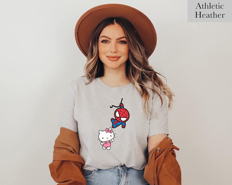 Spiderman and Kitty Shirt Sweatshirt & Hoodie, Kitty Spiderman Couple Shirt, Y2K Inspired Matching Couple, Hello Cat Shirt, Kawaii Shirt image 2