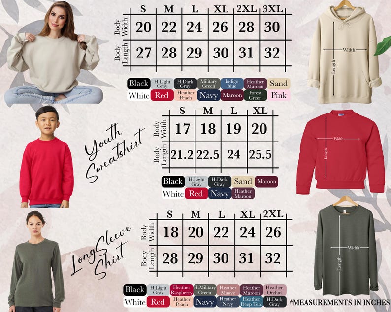 K&ouml;nnte beinhalten: Produktbild mit verschiedenen Kleidungsst&uuml;cken, darunter Sweatshirts und Langarmshirts. Die Abbildung enth&auml;lt Gr&ouml;&szlig;entabellen mit Ma&szlig;en in Zoll. Die Kleidung ist in den Gr&ouml;&szlig;en S bis 3XL erh&auml;ltlich.